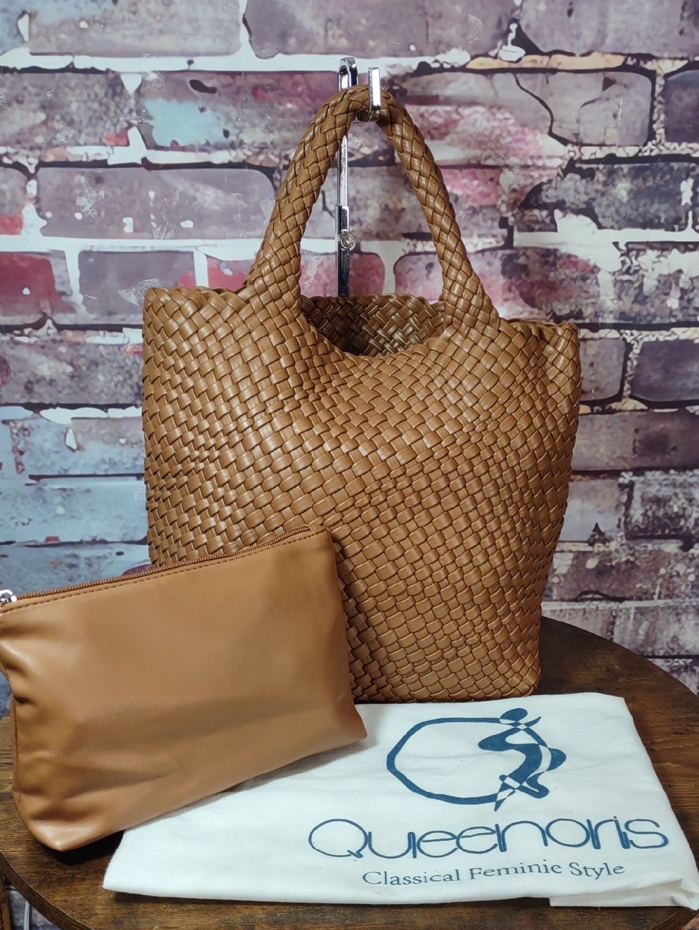 Basket Weave Vegan Leather Tote with Removable Pouch